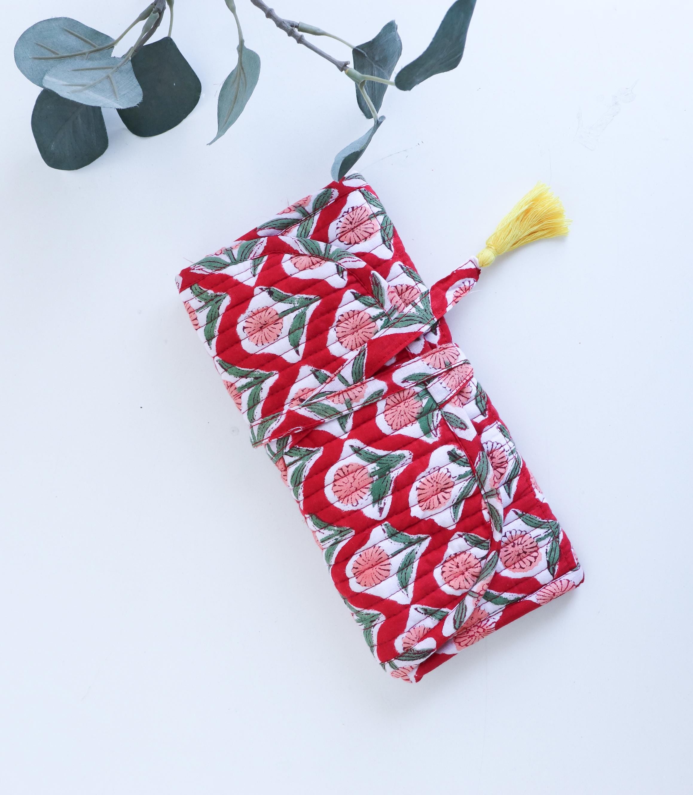 Valentine's Gift Jewelry Roll Set | Hand Block Printed Cotton Jewelry Organizer with Peppermint Essential Oil & Crochet Keychain, Travel Set