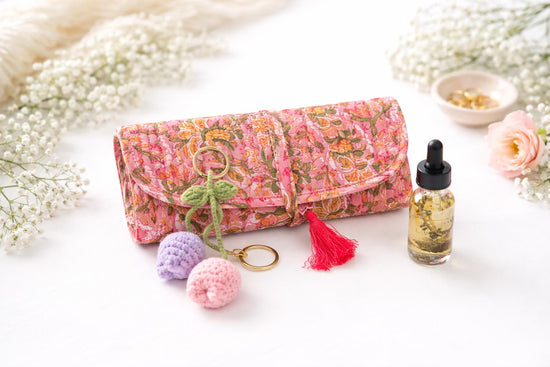 Valentine's Gift Jewelry Roll Set | Hand Block Printed Cotton Jewelry Organizer with Peppermint Essential Oil & Crochet Keychain, Travel Set