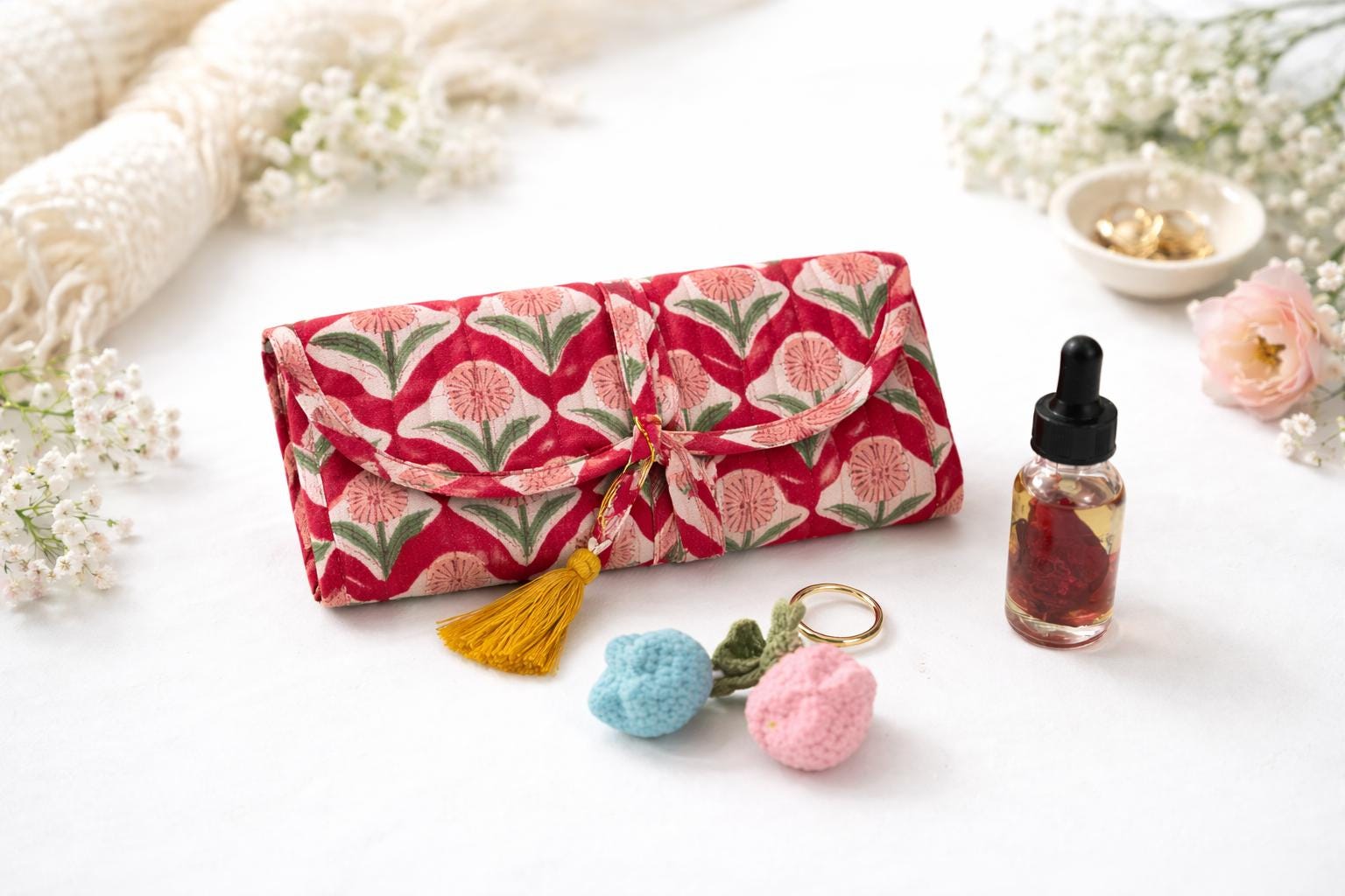 Valentine's Gift Jewelry Roll Set | Hand Block Printed Cotton Jewelry Organizer with Peppermint Essential Oil & Crochet Keychain, Travel Set
