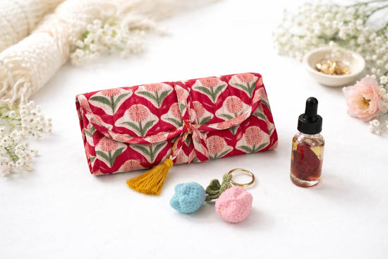 Valentine's Gift Jewelry Roll Set | Hand Block Printed Cotton Jewelry Organizer with Peppermint Essential Oil & Crochet Keychain, Travel Set