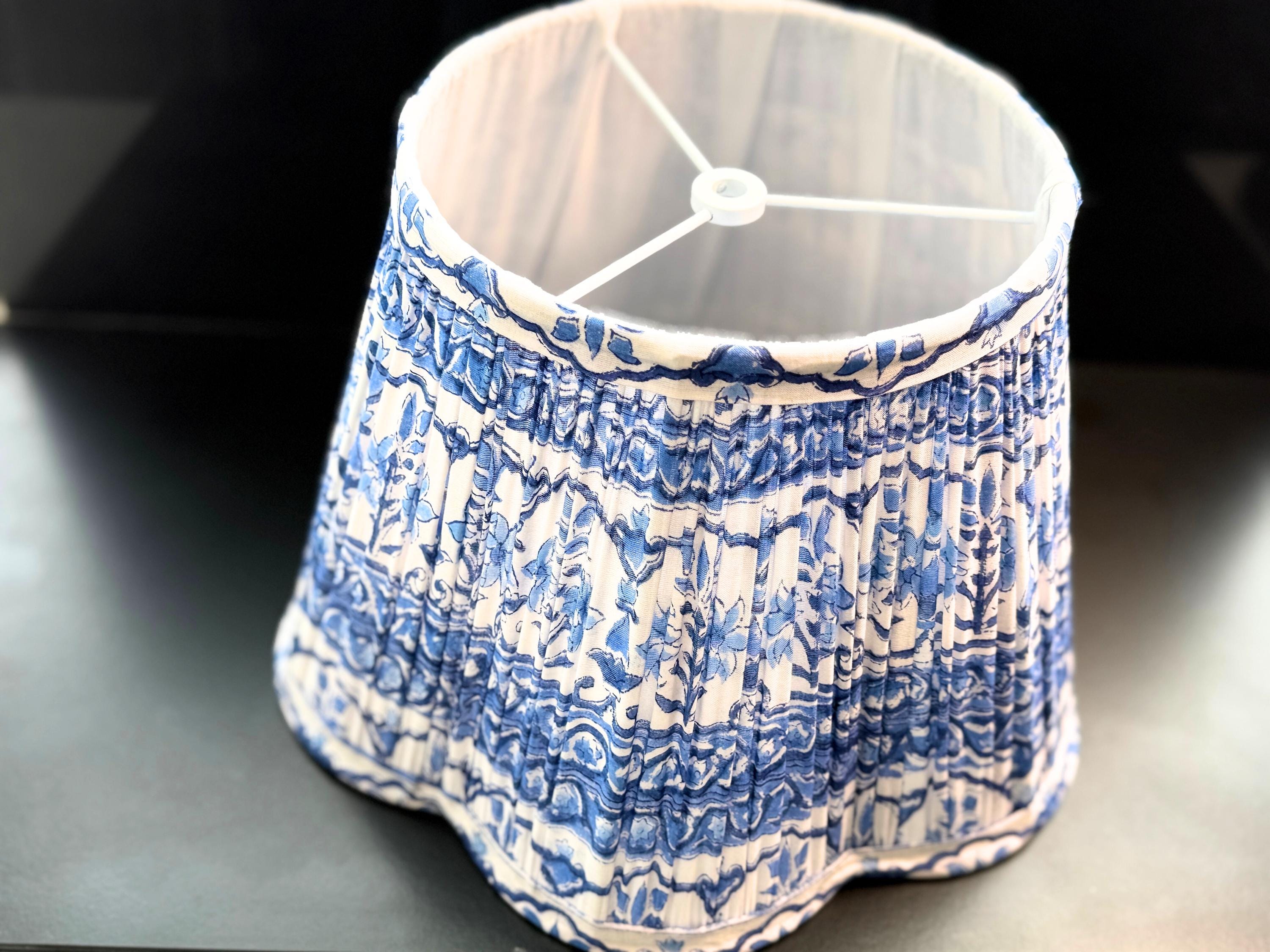 Scalloped Blue Lampshade | Handmade Floral Cotton Lamp Shade | Gathered Pleat | Boho Table Lamp Shade | Spider-Fitter Lampshade