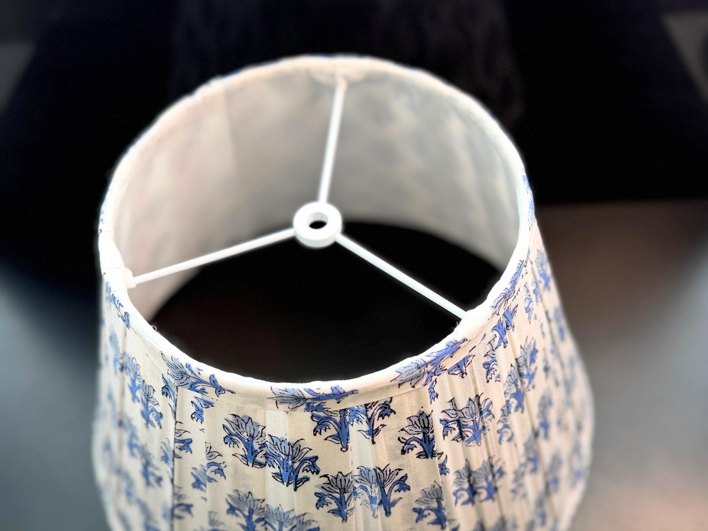 Hand Block Printed Blue Lampshade | Pleated Cotton Lamp Shade | Floral English Pleat Block Print Boho Table Lamp Shade | Spider-Fitter