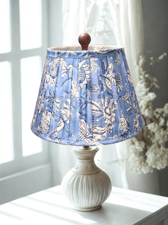 Hand Blue Lampshade | Handmade Cotton Lamp Shade | Indian Floral Table Lamp Shade | Boho Coastal Home Decor | Spider Fitter