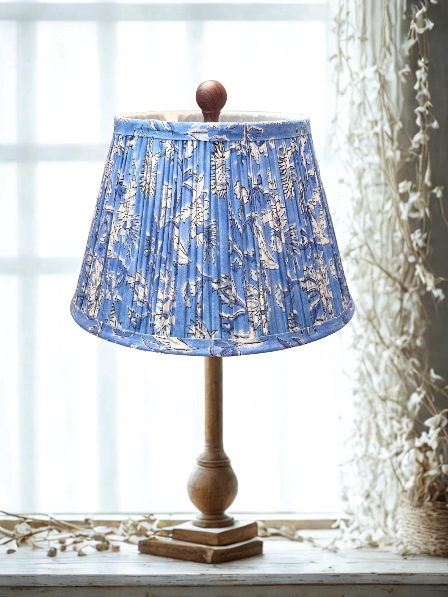 Hand Cotton Lampshade – Blue Floral Pleated Lamp Shade – 7.5x12x8 Inch – Handmade Indian Fabric Shade – Spider Fitter