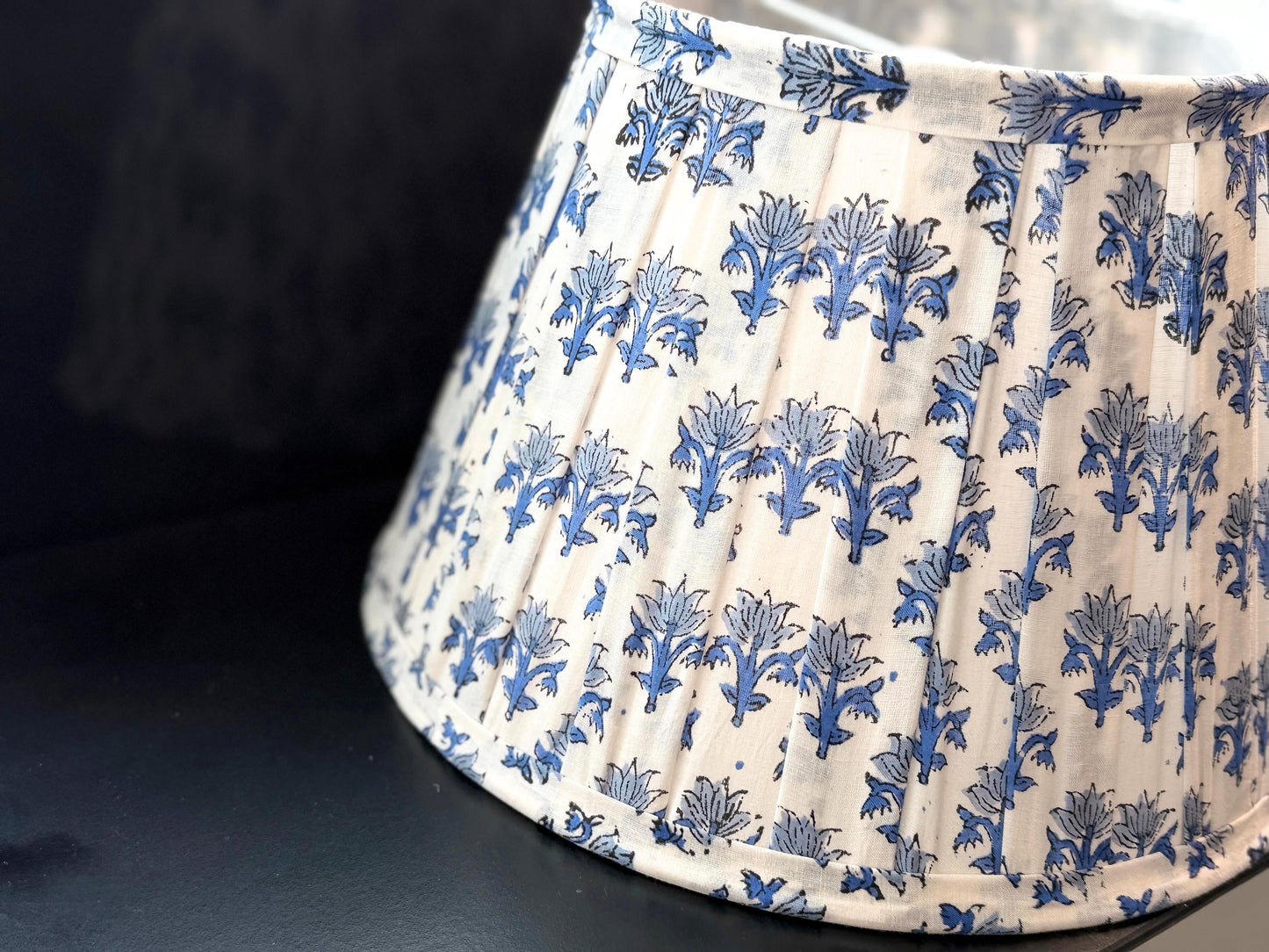 Hand Blue Lampshade | Handmade Cotton Lamp Shade | Floral Indian Block Print | Boho Coastal Table Lamp Shade | Spider Fitter