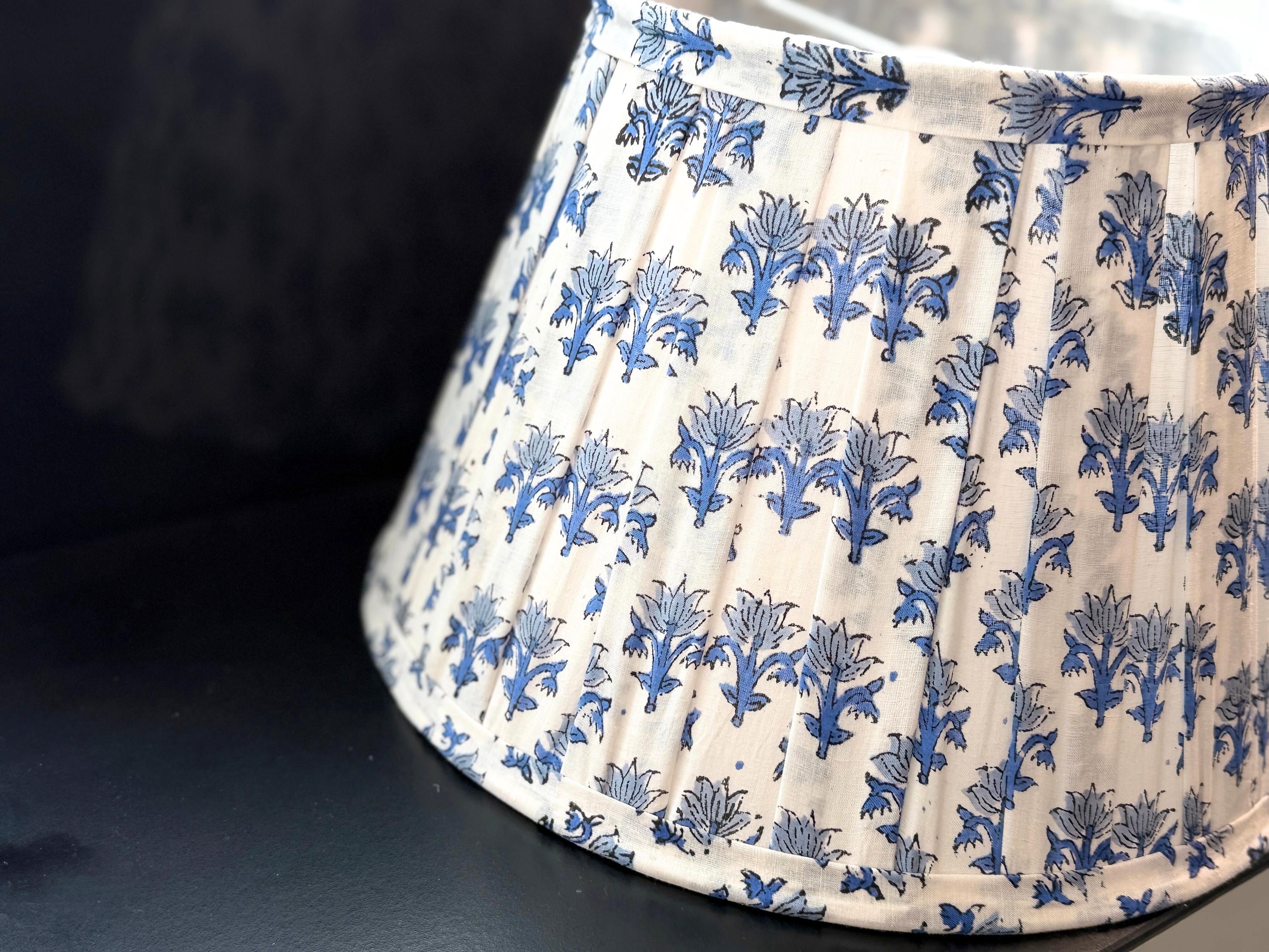 Hand Blue Lampshade | Handmade Cotton Lamp Shade | Floral Indian Block Print | Boho Coastal Table Lamp Shade | Spider Fitter
