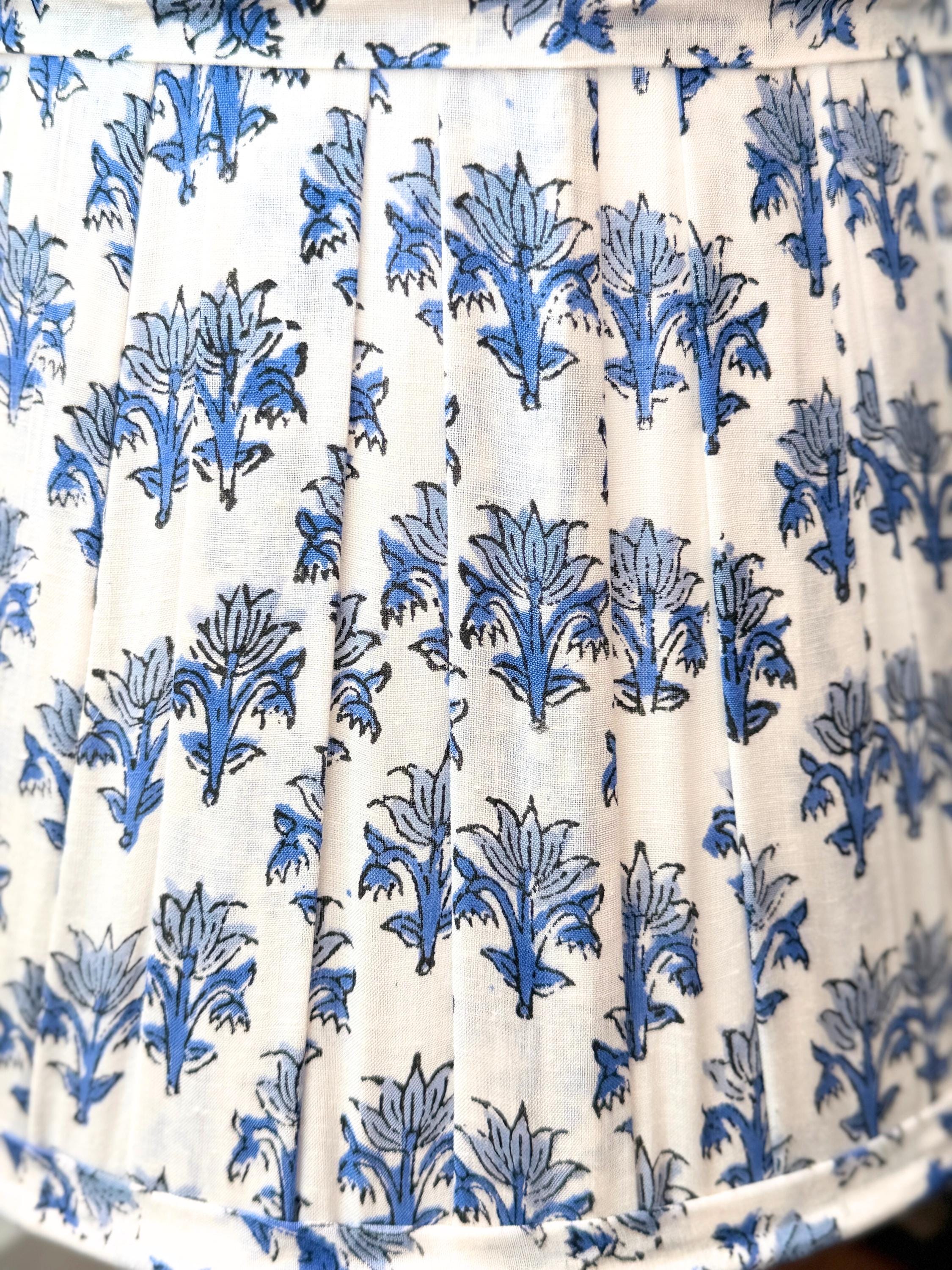 Hand Blue Lampshade | Handmade Cotton Lamp Shade | Floral Indian Block Print | Boho Coastal Table Lamp Shade | Spider Fitter