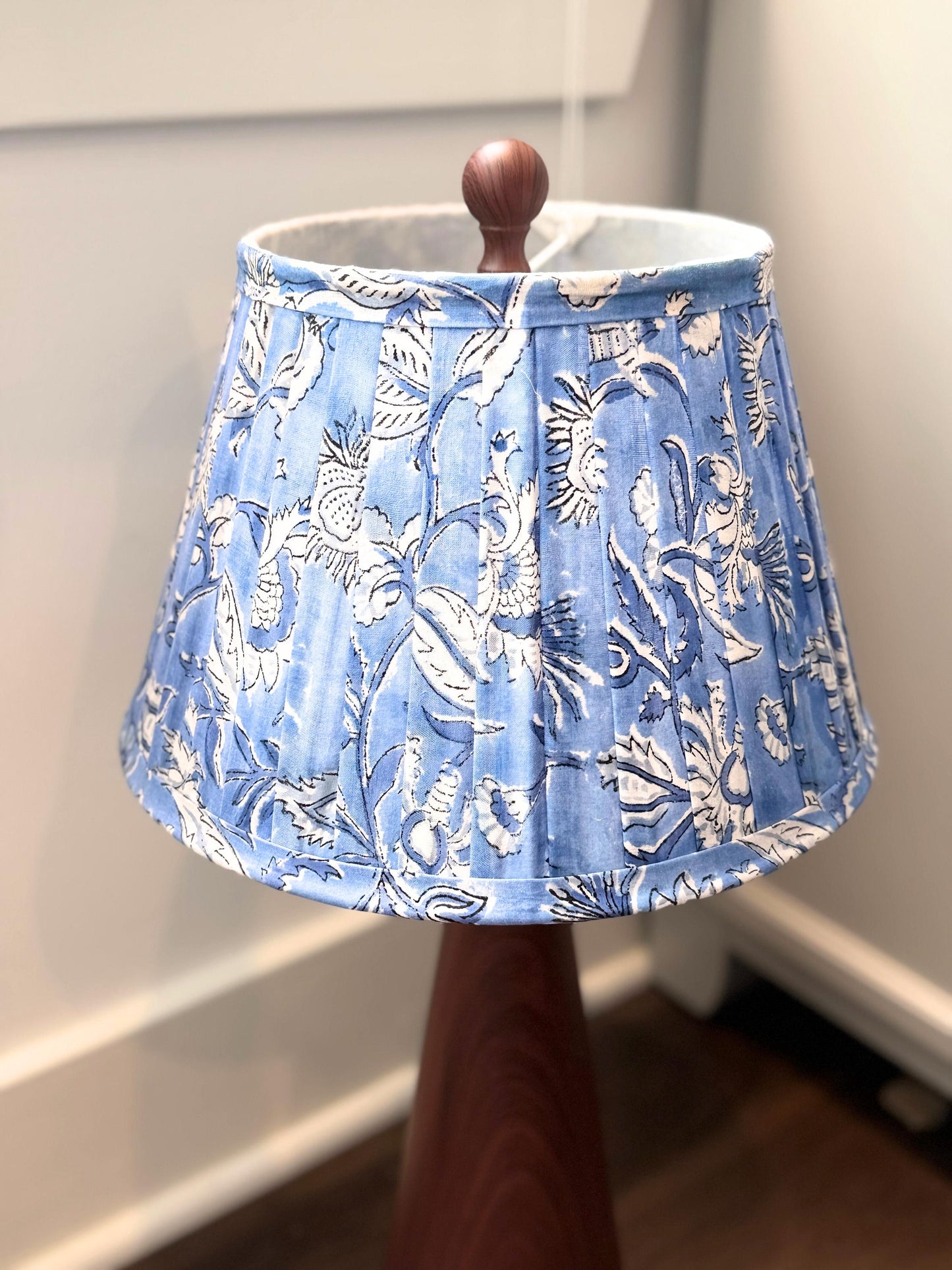 Hand Blue Lampshade | Pleated Cotton Lamp Shade | Floral Indian Block Print | Boho Coastal Table Lamp Shade | Spider Fitter