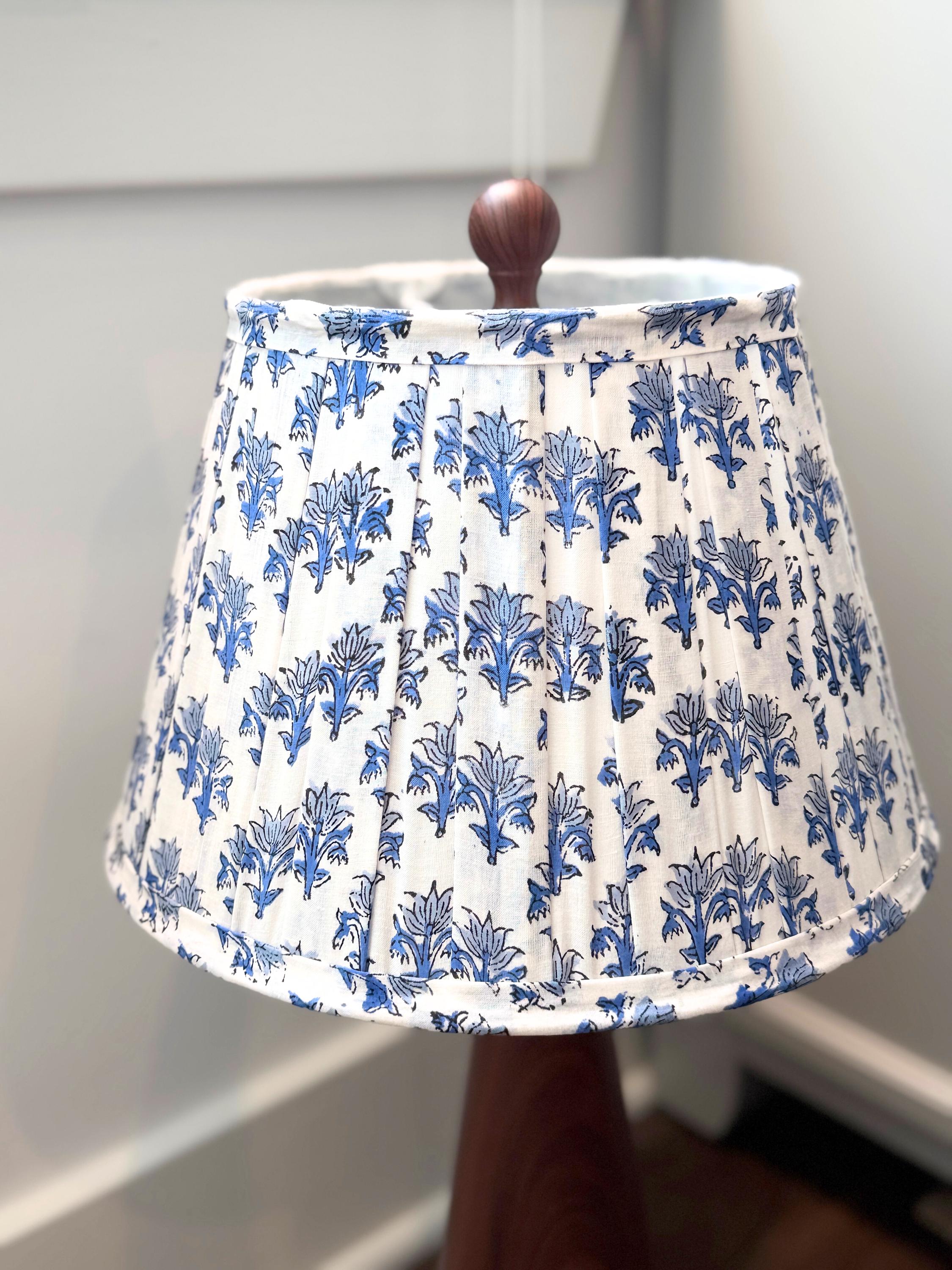 Hand Blue Lampshade | Handmade Cotton Lamp Shade | Floral Indian Block Print | Boho Coastal Table Lamp Shade | Spider Fitter