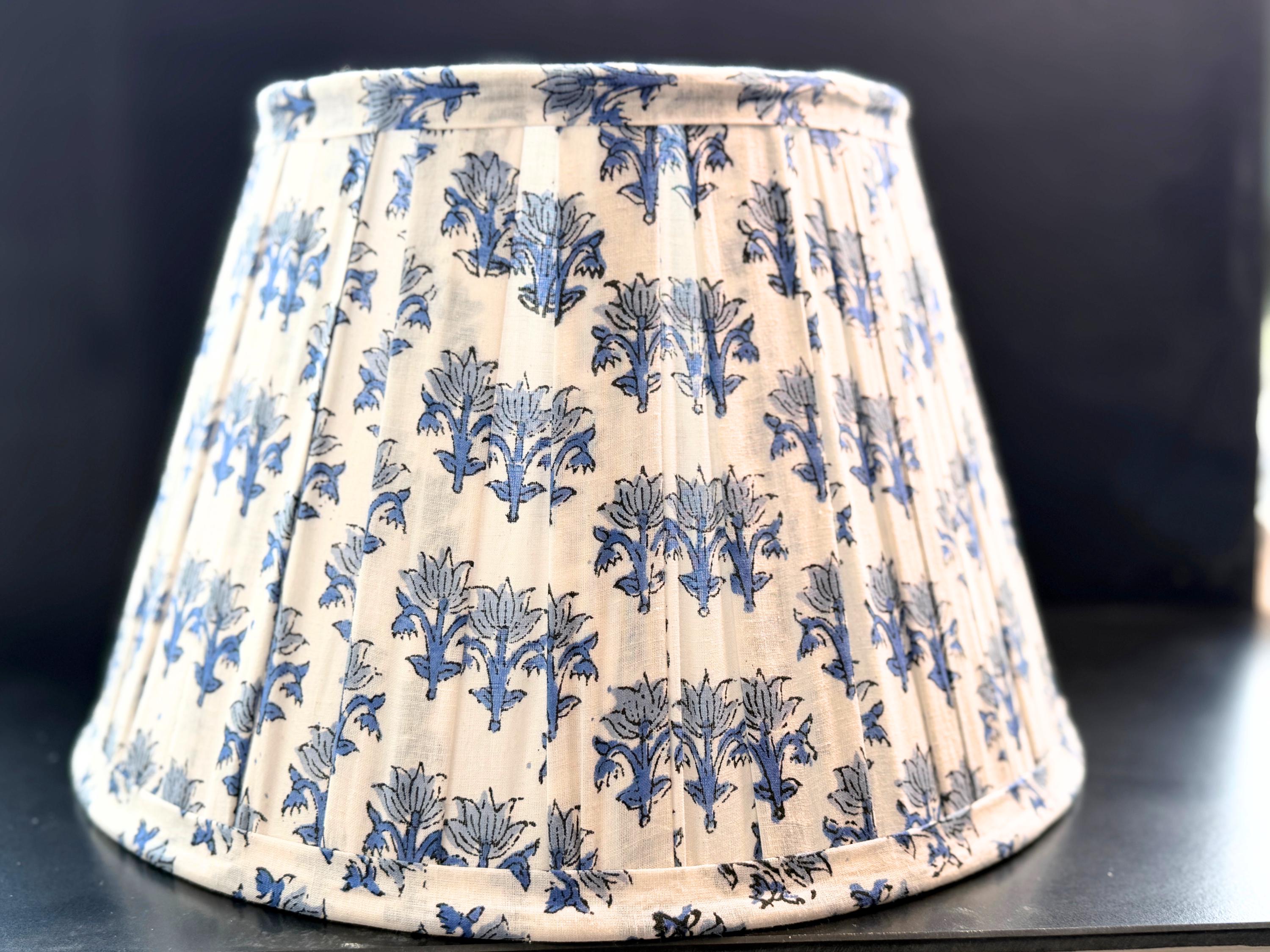 Hand Blue Lampshade | Handmade Cotton Lamp Shade | Floral Indian Block Print | Boho Coastal Table Lamp Shade | Spider Fitter