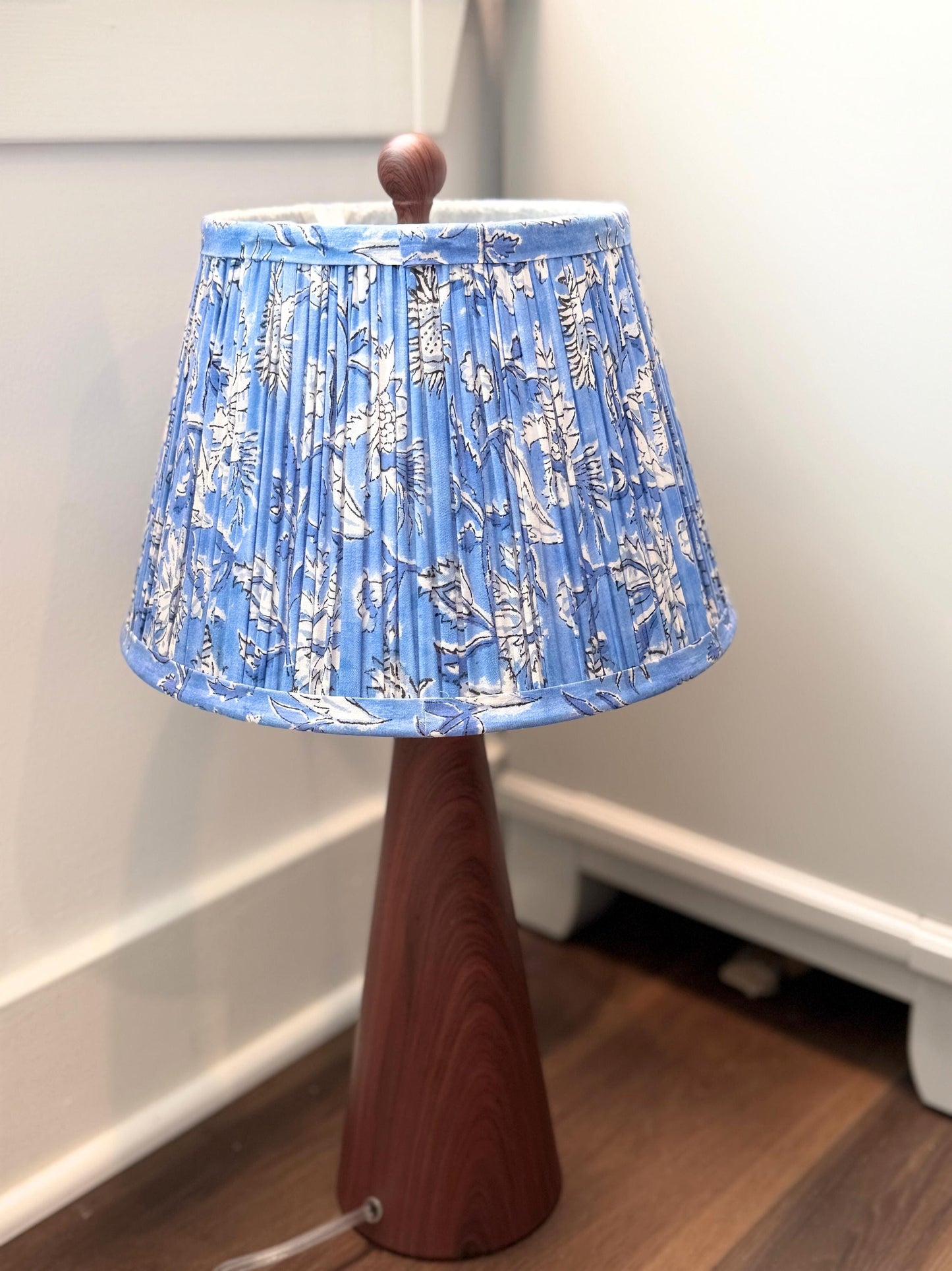 Hand Cotton Lampshade – Blue Floral Pleated Lamp Shade – 7.5x12x8 Inch – Handmade Indian Fabric Shade – Spider Fitter