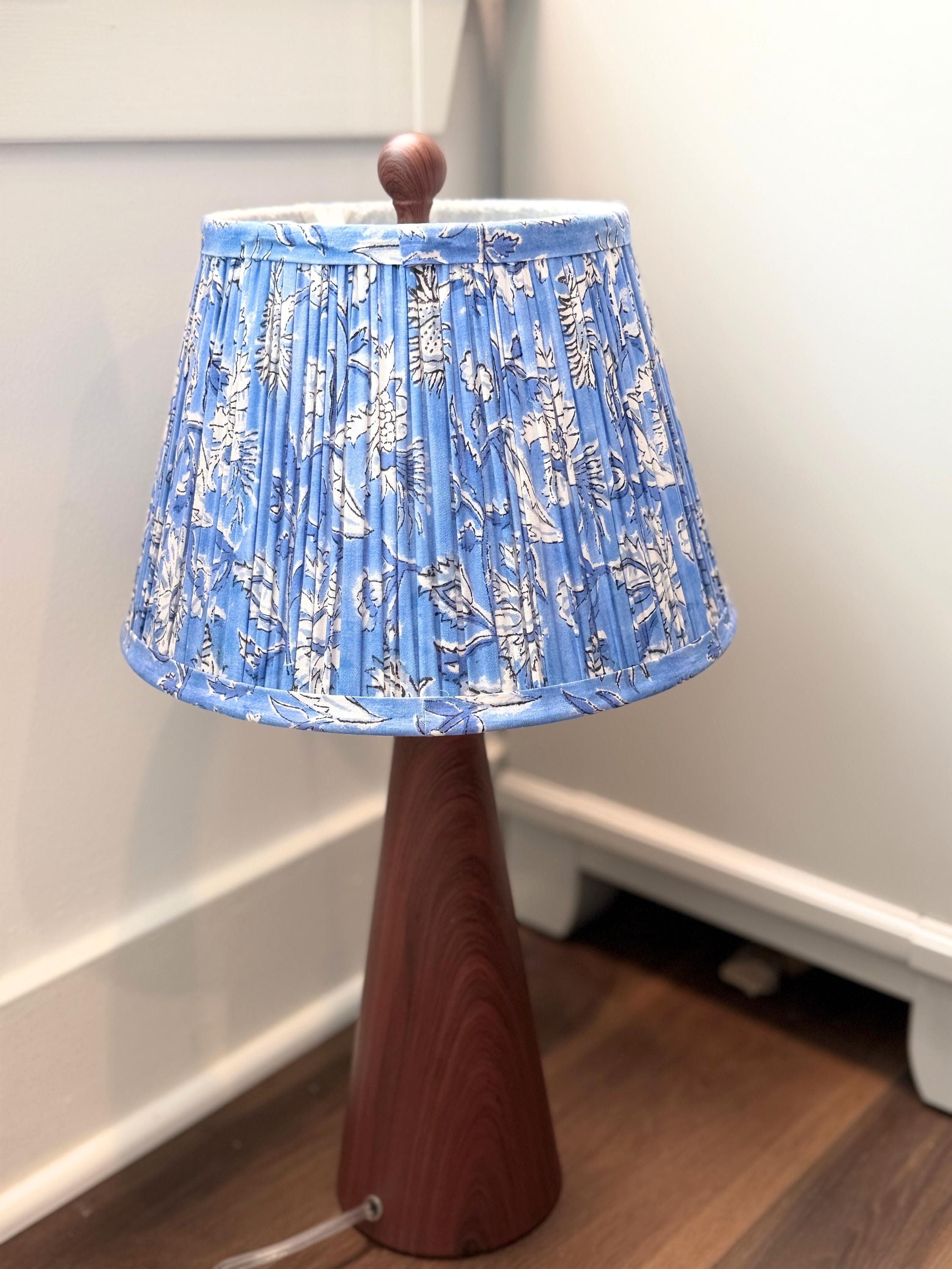 Hand Cotton Lampshade – Blue Floral Pleated Lamp Shade – 7.5x12x8 Inch – Handmade Indian Fabric Shade – Spider Fitter