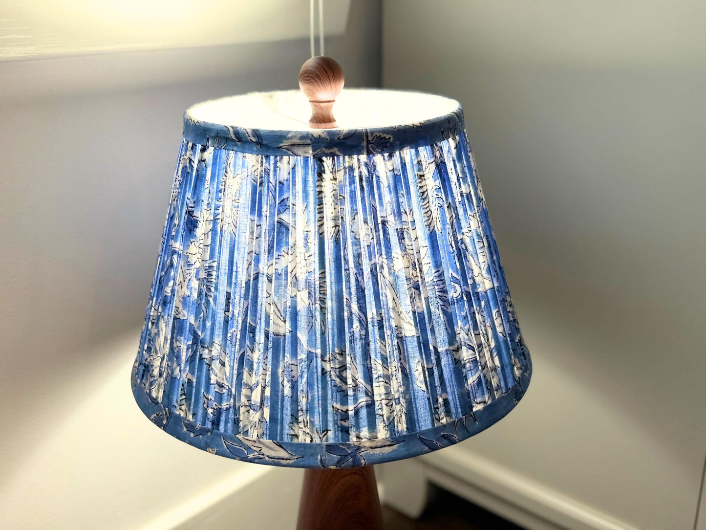 Hand Cotton Lampshade – Blue Floral Pleated Lamp Shade – 7.5x12x8 Inch – Handmade Indian Fabric Shade – Spider Fitter