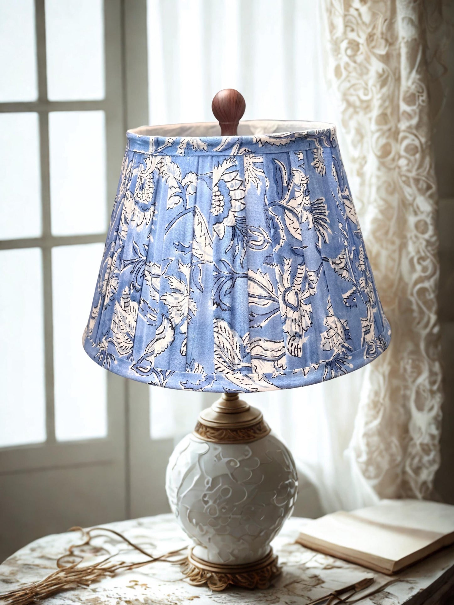 Hand Blue Lampshade | Handmade Cotton Lamp Shade | Indian Floral Table Lamp Shade | Boho Coastal Home Decor | Spider Fitter