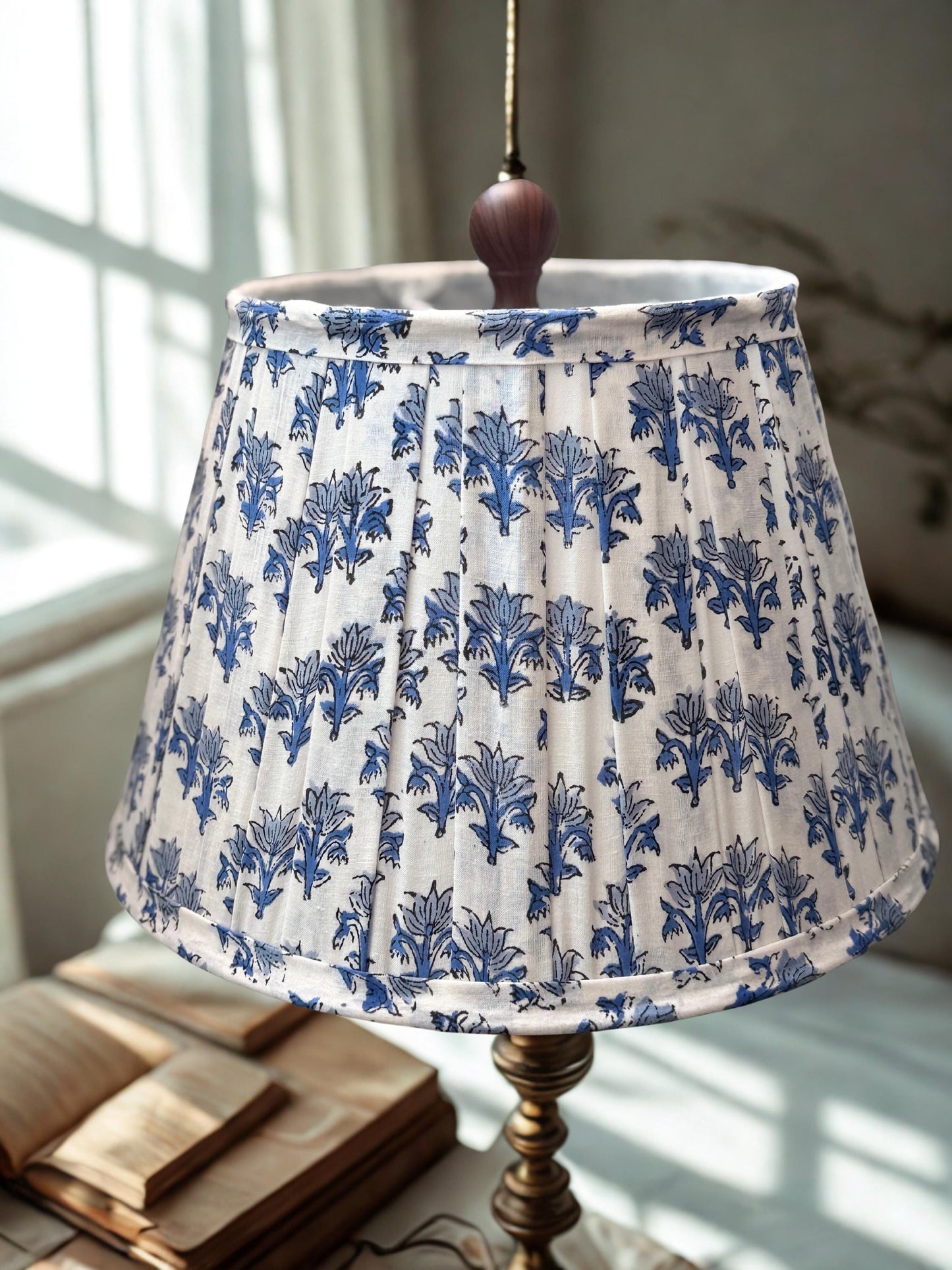 Hand Blue Lampshade | Handmade Cotton Lamp Shade | Floral Indian Block Print | Boho Coastal Table Lamp Shade | Spider Fitter