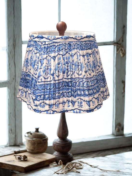 Scalloped Blue Lampshade | Handmade Floral Cotton Lamp Shade | Gathered Pleat | Boho Table Lamp Shade | Spider-Fitter Lampshade