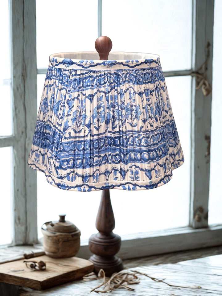 Scalloped Blue Lampshade | Handmade Floral Cotton Lamp Shade | Gathered Pleat | Boho Table Lamp Shade | Spider-Fitter Lampshade