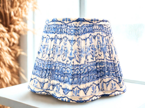 Scalloped Blue Lampshade | Handmade Floral Cotton Lamp Shade | Gathered Pleat | Boho Table Lamp Shade | Spider-Fitter Lampshade