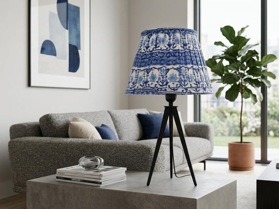 Block Printed Blue Lampshade | Handmade Cotton Lamp Shade | Indian Floral Table & Floor Lamp Shade | Box Pleat l Home Decor | Spider Fitter