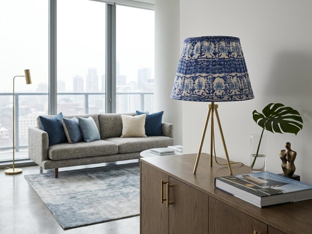 Block Printed Blue Lampshade | Handmade Cotton Lamp Shade | Indian Floral Table & Floor Lamp Shade | Box Pleat l Home Decor | Spider Fitter