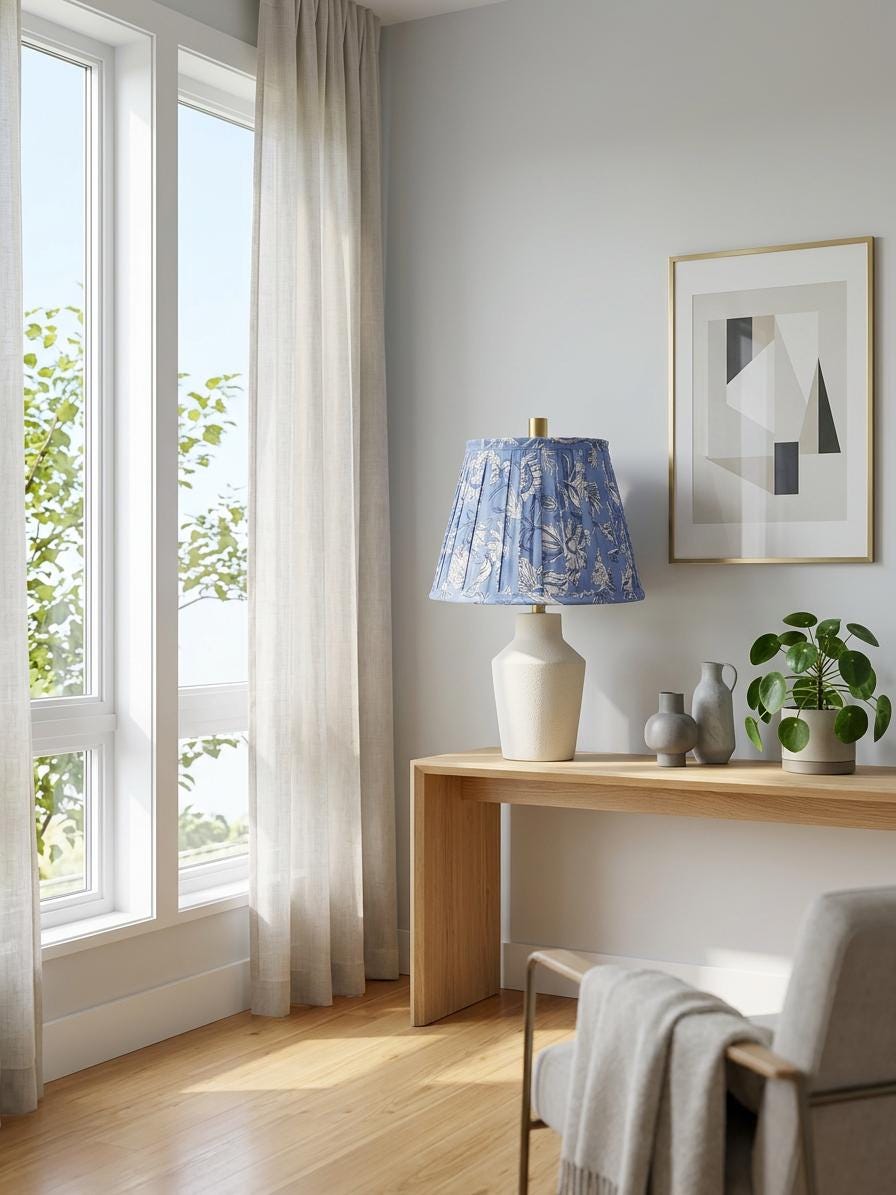 Hand Block Printed Blue Lampshade | Handmade Cotton Lamp Shade | Floral Box Pleat Table Lamp Shade | Boho Coastal Home Decor | Spider Fitter