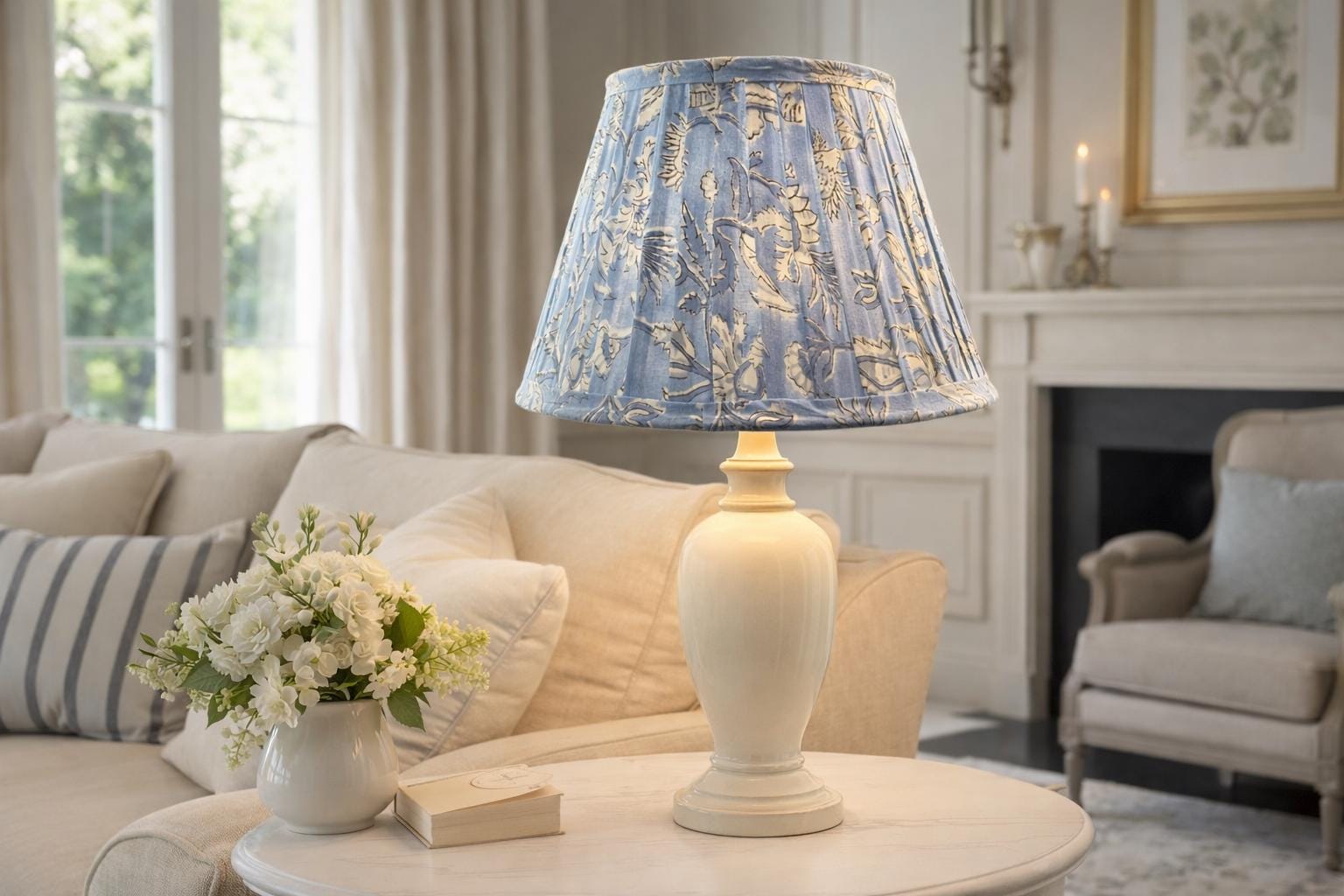 Hand Block Printed Blue Lampshade | Pleated Cotton Lamp Shade | Floral Block Print | Boho English Pleat Table Lamp Shade | Spider Fitter