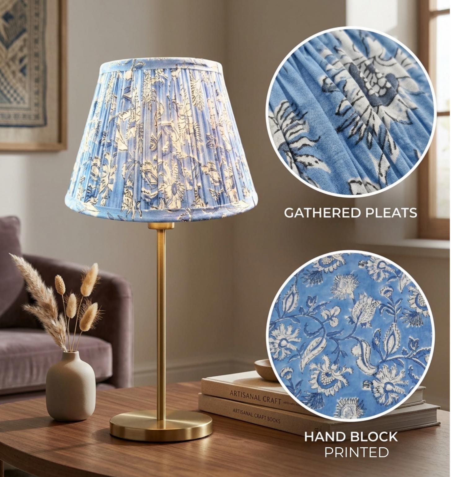Hand Block Printed Cotton Lampshade - Blue Floral Gathered Pleat Lamp Shade - Handmade Indian Fabric Pleated Shade - Spider Fitter