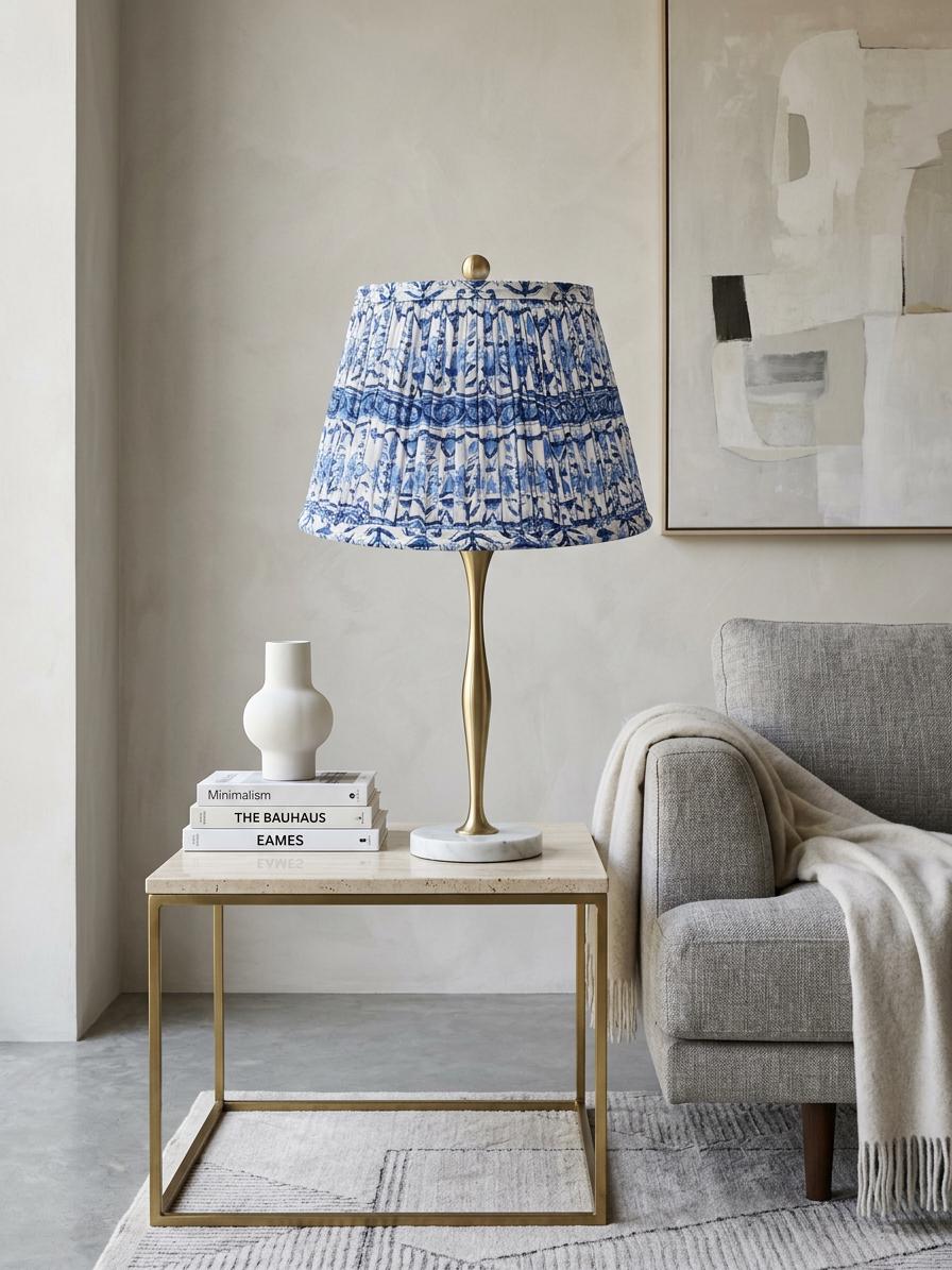 Hand Cotton Lampshade – Blue Floral Pleated Lamp Shade – 7.5x12x8 Inch – Handmade Indian Fabric Shade - Spider Fitter Shade