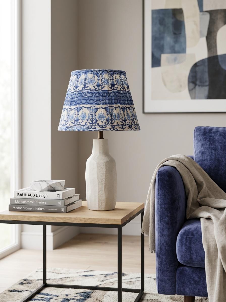 Hand Blue Lampshade | English Pleat Lamp Shade | Floral Indian | Boho Coastal Table Lamp Shade | Spider Fitter