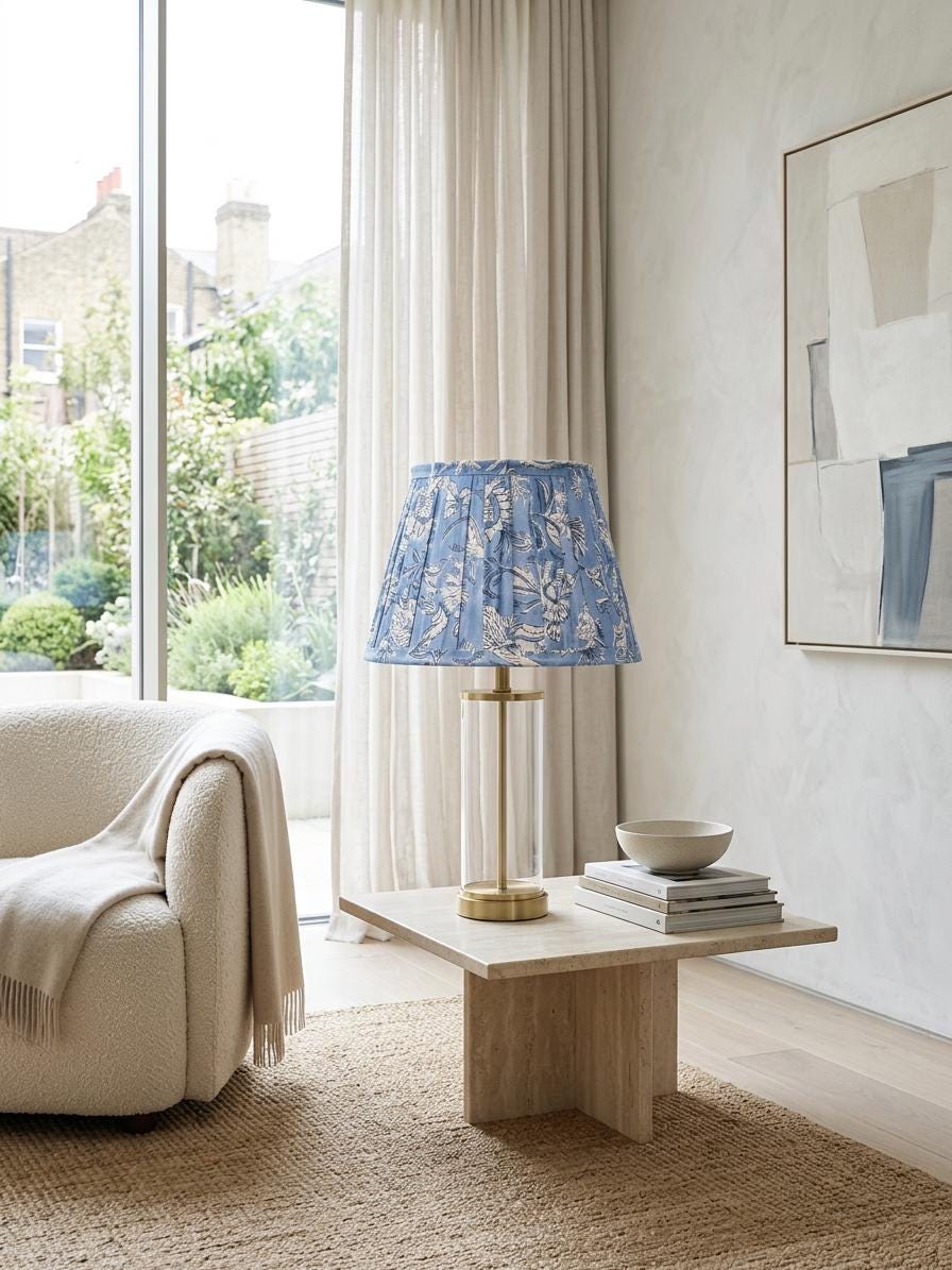 Hand Block Printed Blue Lampshade | Handmade Cotton Lamp Shade | Floral Box Pleat Table Lamp Shade | Boho Coastal Home Decor | Spider Fitter