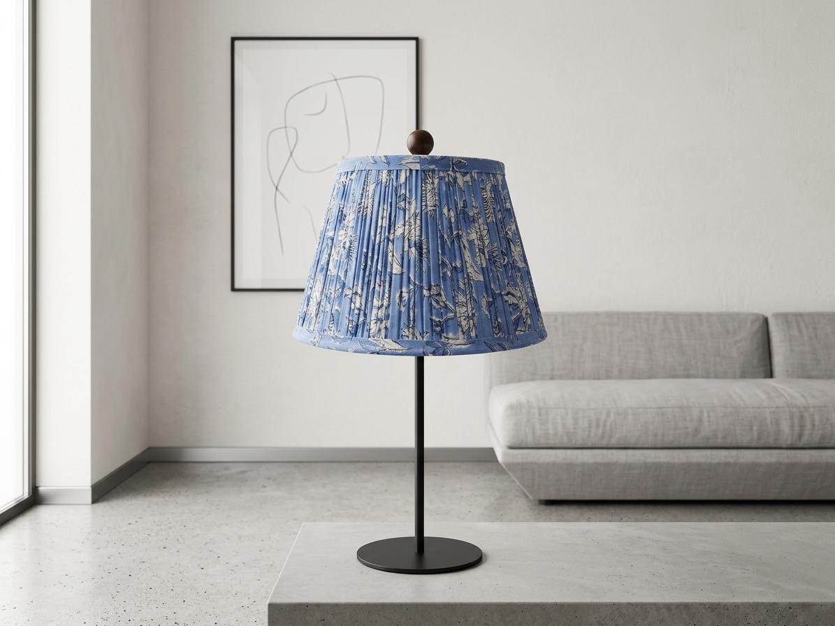 Hand Block Printed Cotton Lampshade - Blue Floral Gathered Pleat Lamp Shade - Handmade Indian Fabric Pleated Shade - Spider Fitter