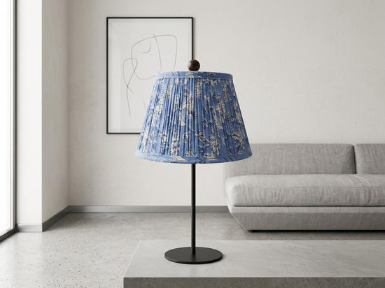 Hand Block Printed Cotton Lampshade - Blue Floral Gathered Pleat Lamp Shade - Handmade Indian Fabric Pleated Shade - Spider Fitter