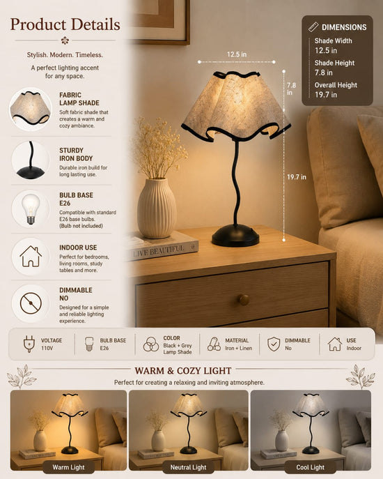 Modern Black and White Bedside Table Lamp with Linen Shade