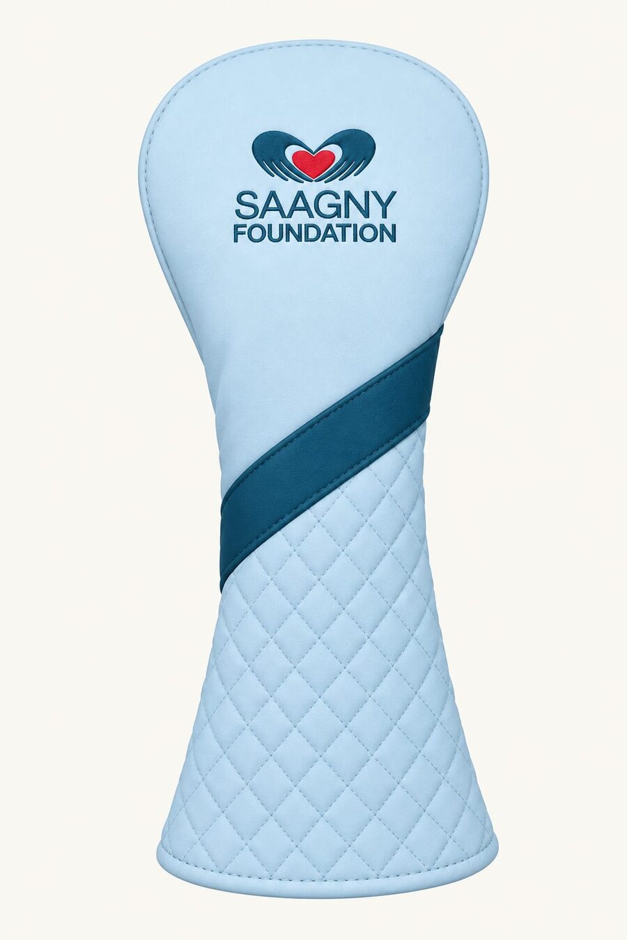 Pale blue GRS recycled-polyester golf headcover with SAAGNY Foundation embroidery