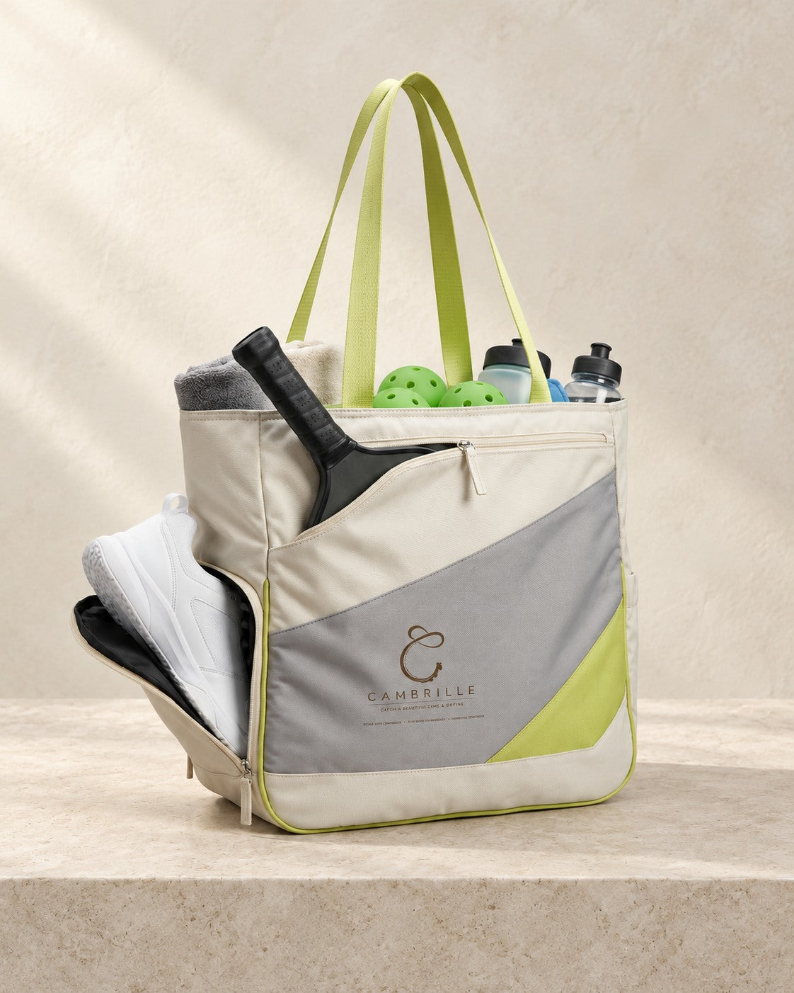 Ivory, grey and lime Cambrille pickleball tote styled with a green paddle